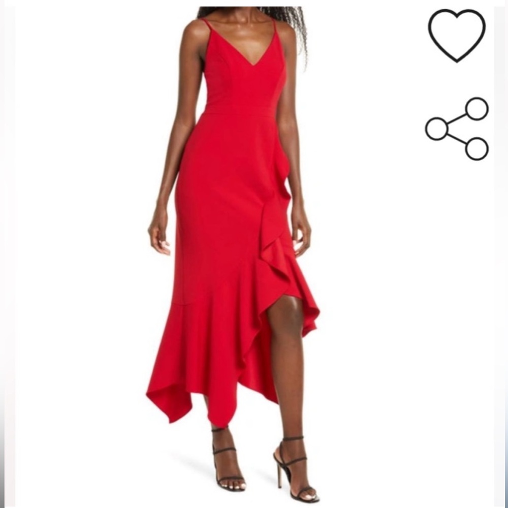 Xscape Red Ruffle High-Low Midi Dress, size 2 - Picture 3 of 7